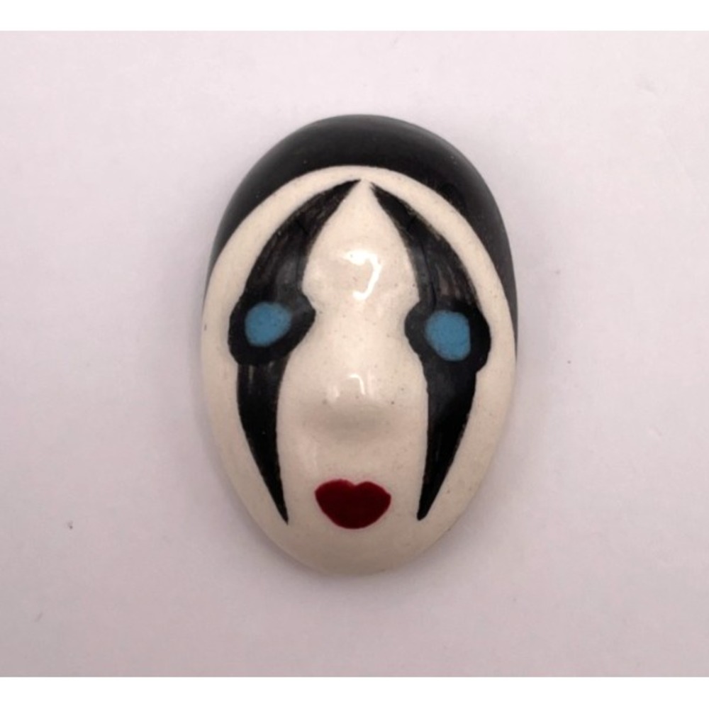 Vintage DC Signed Ceramic Mask Face Brooch Black White Blue Red